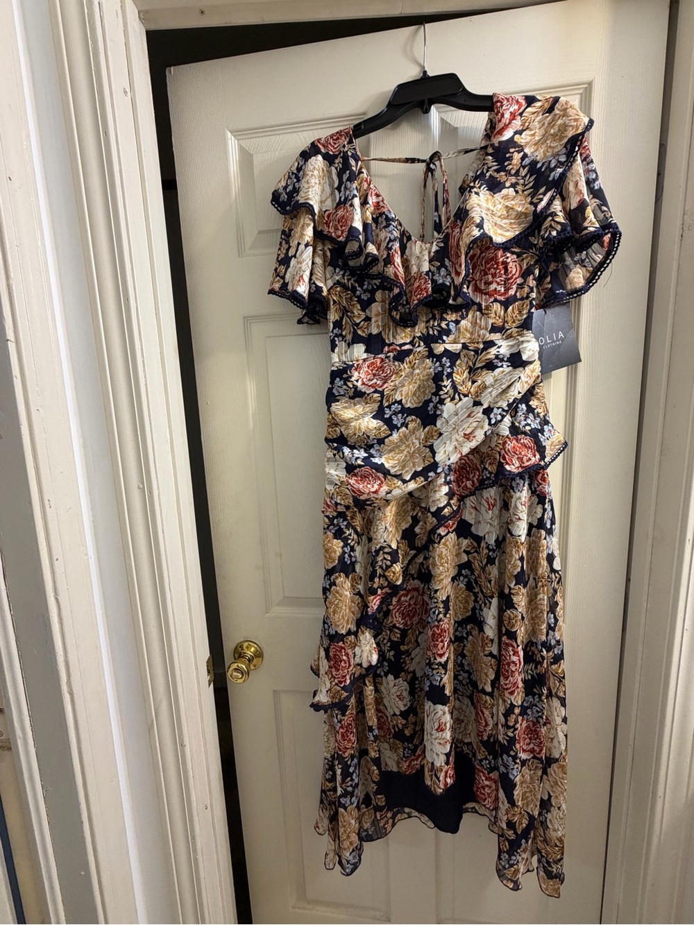 Floral Ruffle Midi Dress - Navy with Cream & Rose Accents